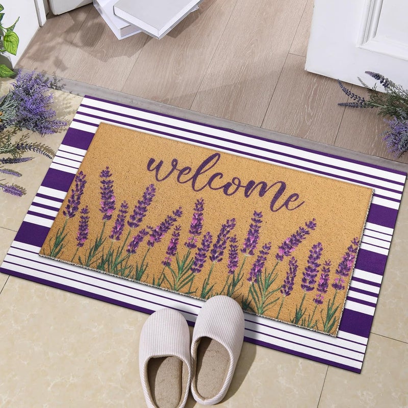 Tinideya 2 Pcs Lavender Door Mat Purple and White Stripe Welcome Non Slip Coir Mats Flower Floor Layering Doormats Seasonal for Front Porch Entryway Decor(Lavender) - Image 3